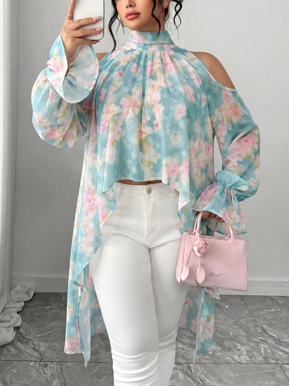 Mint Blue Casual Women's Plus Size Elegant Soft Floral Print Chiffon Blouse